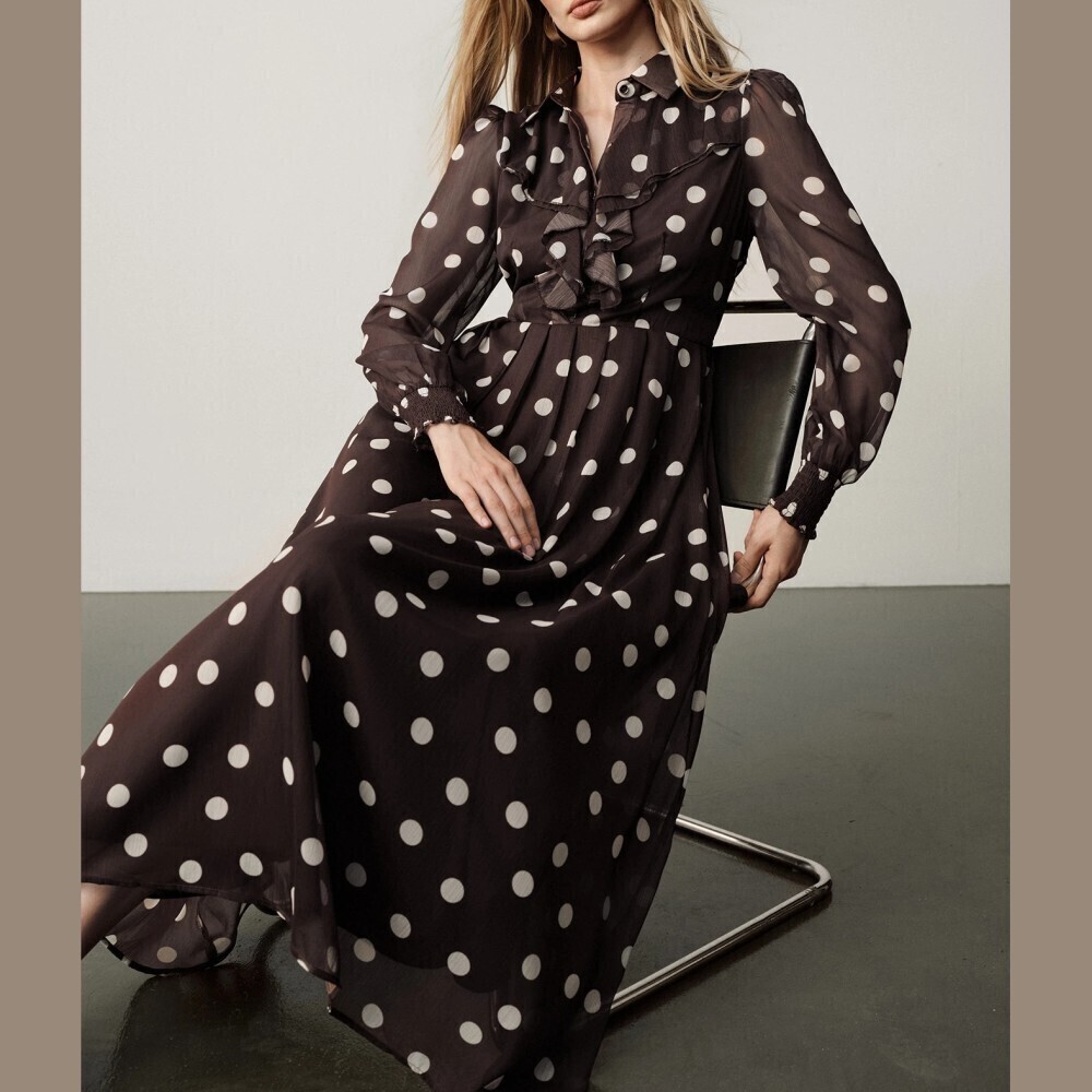 Brown Polka Dot Sheeer Chiffon Ruffle Collar Long Sleeve Maxi Dress